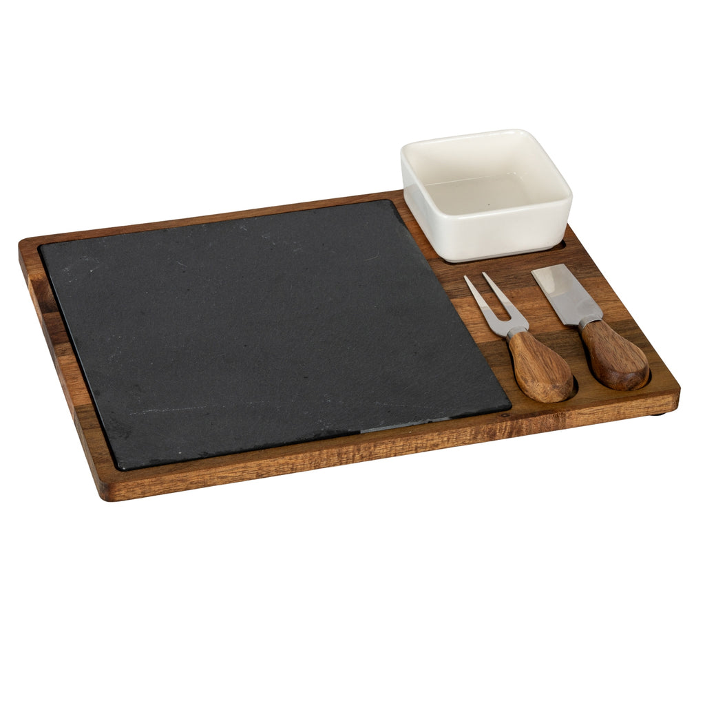 Acacia Cheese Board Set With White Bowl, Slate and Cutlery