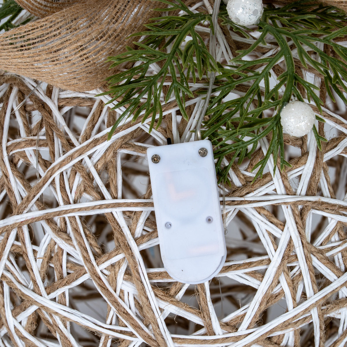 Large LED White Rattan Bauble With Branches And Ribbon