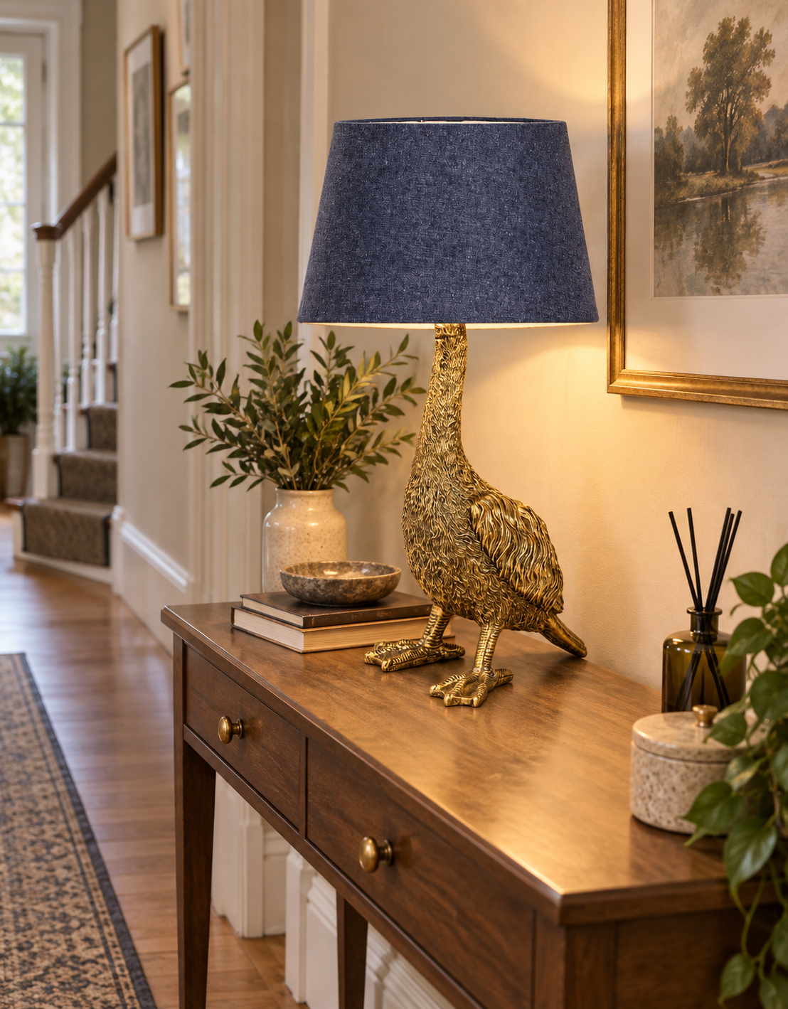 Antique Gold Goose Table Lamp with Grey Shade