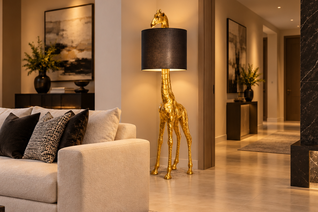 Gold giraffe floor lamp with black shade standing beside a hallway doorway in a large luxury lounge