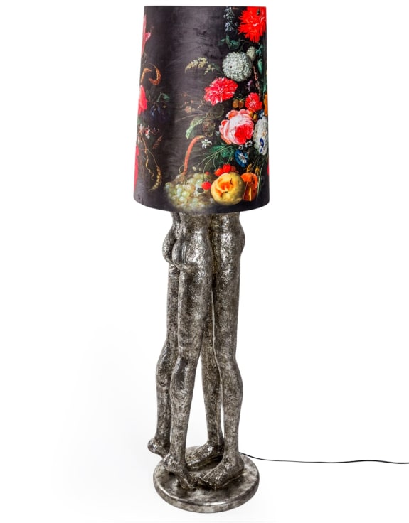 ANTIQUE SILVER SHADY LOVERS FLOOR LAMP WITH FLORAL BOHO SHADE