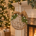 Large LED White Rattan Bauble With Branches And Ribbon