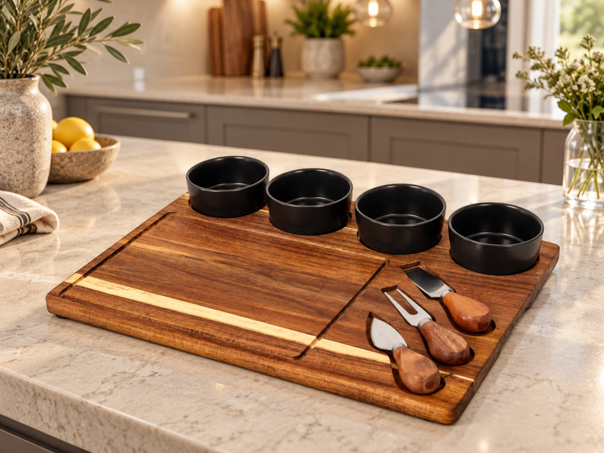 Acacia Cheese Board Set With Grey Ceramic Bowls and Cutlery