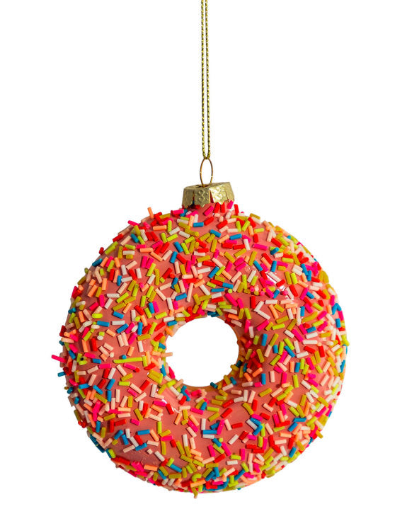 PINK DOUGHNUT DECORATIVE GLASS HANGING ORNAMENT