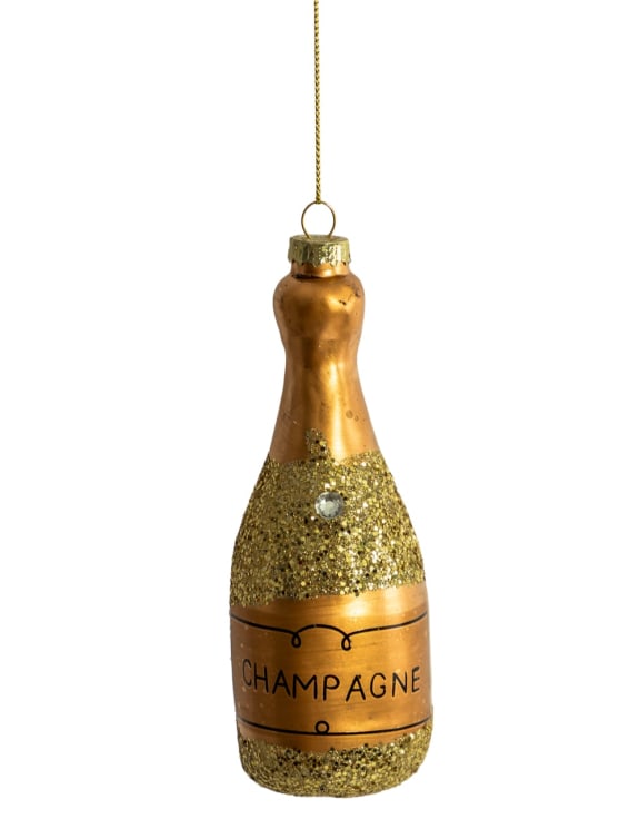 CHAMPAGNE BOTTLE DECORATIVE GLASS HANGING ORNAMENT