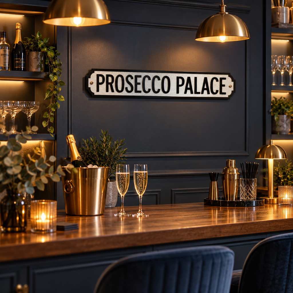 Antiqued Wooden "Prosecco Palace" Road Sign