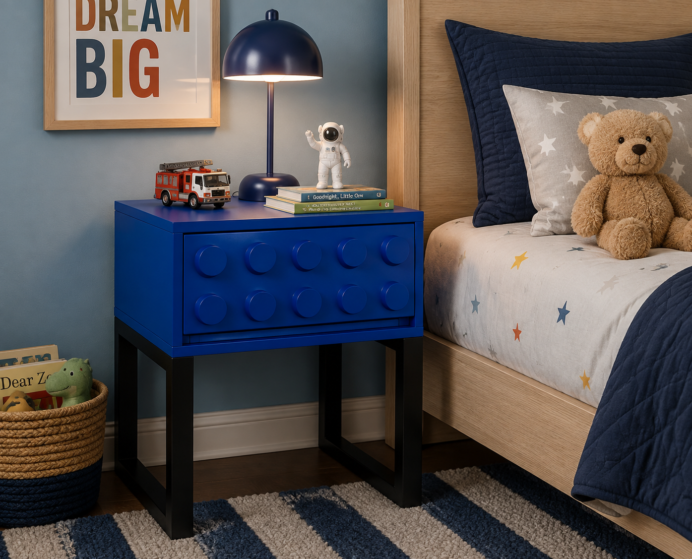 BLUE BLOCK SOLID WOOD SINGLE DRAWER BEDSIDE TABLE