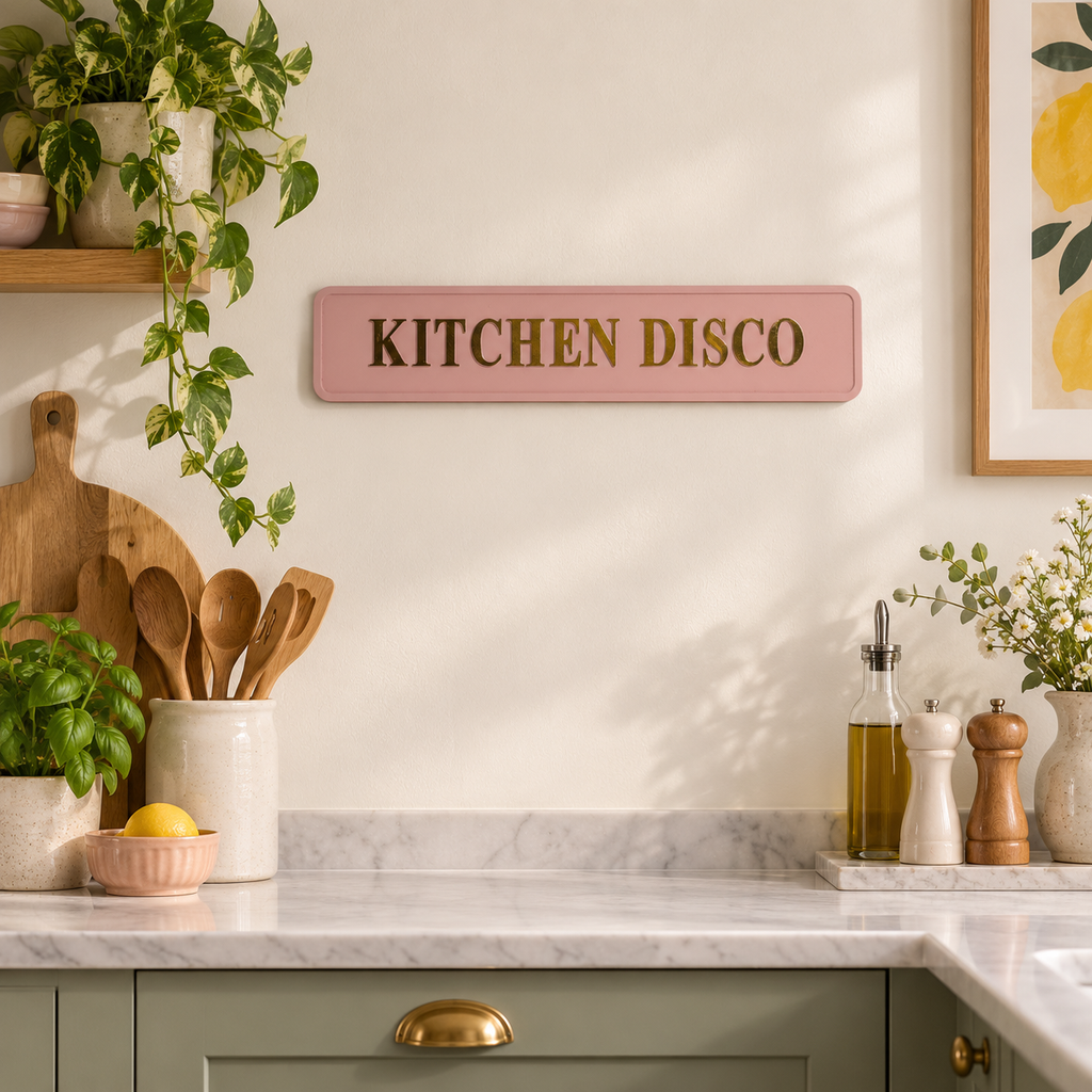 Pink Kitchen Disco decorative sign with metallic gold lettering