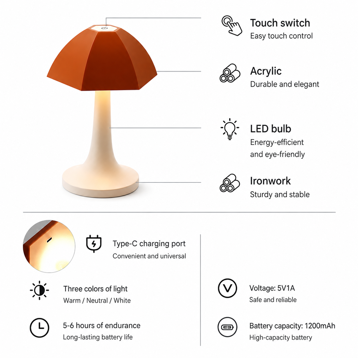 Nordic Mushroom Led Table Lamp Rechargeable Bedside In Four Colours