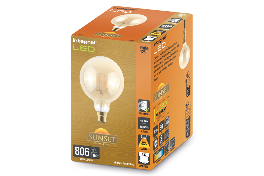 SUNSET VINTAGE FILAMENT GLOBE G125 BULB E27 806LM 5.9W 2200K DIMMABLE 300 BEAM AMBER INTEGRAL