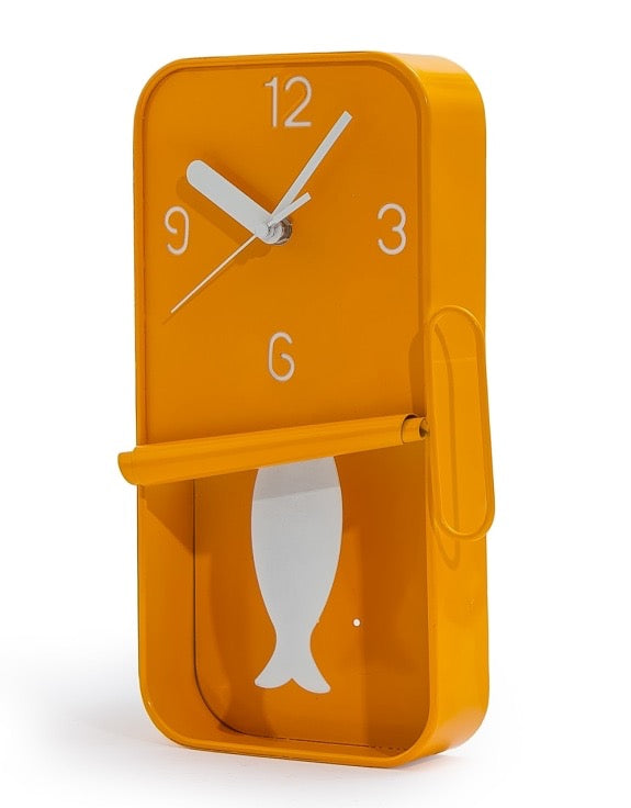 ORANGE METAL SARDINE TIN PENDULUM WALL CLOCK