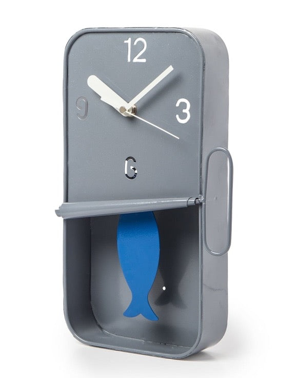 BLUE METAL SARDINE TIN PENDULUM WALL CLOCK