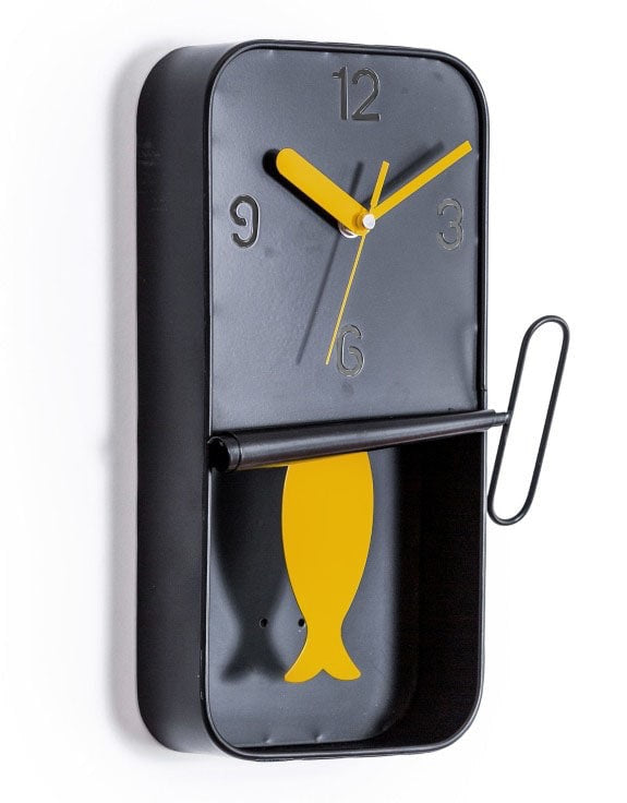 GREY METAL SARDINE TIN PENDULUM WALL CLOCK