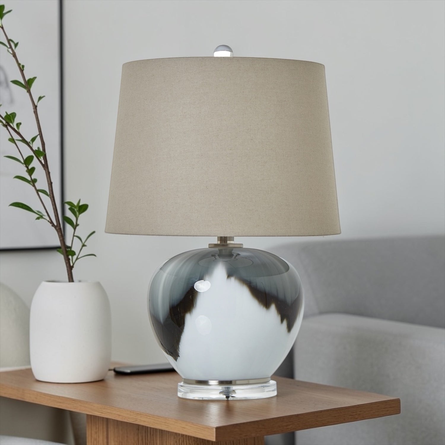 Grey Glass Table Lamp With Linen Shade