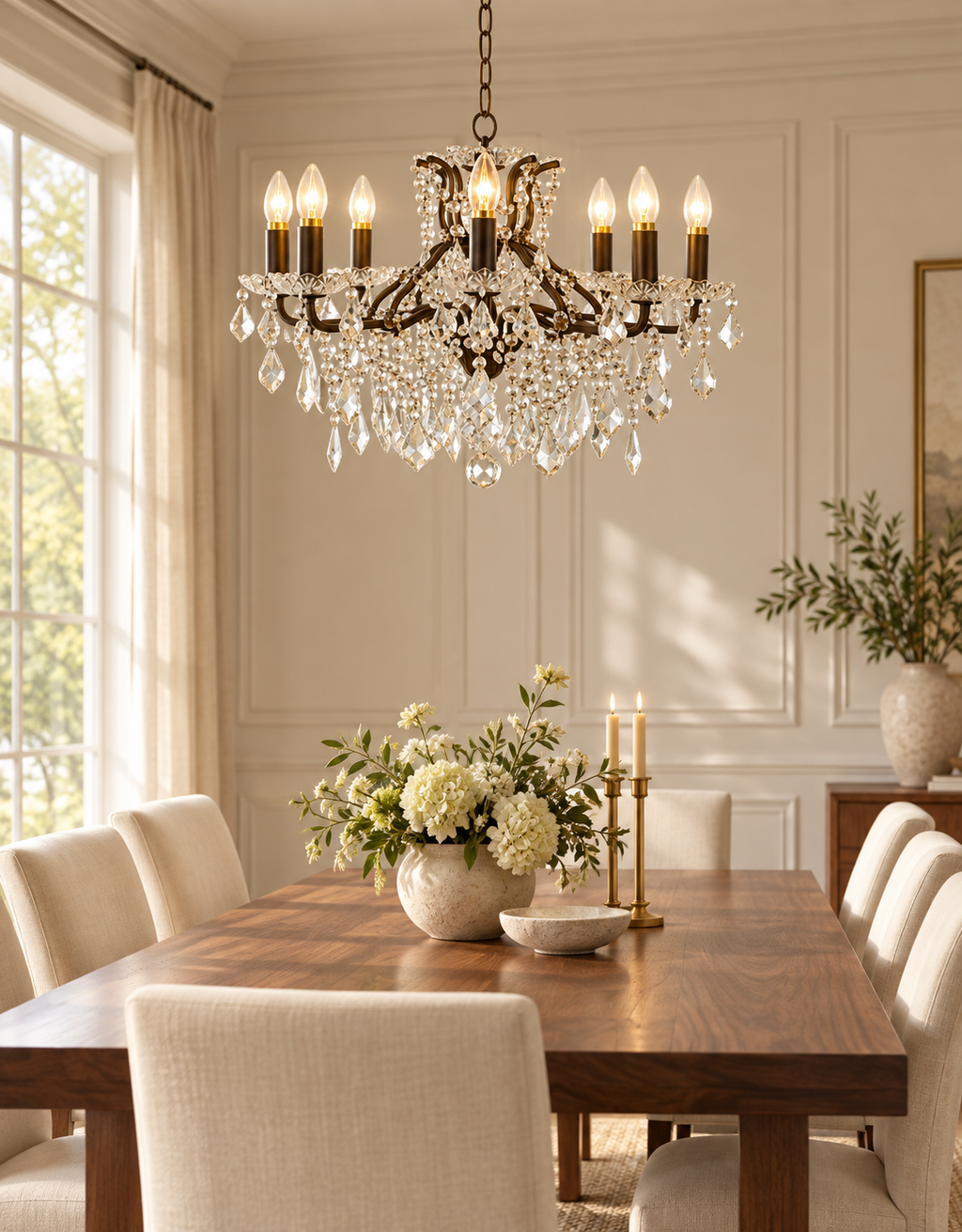 Seven-light antique brass crystal chandelier hanging above a modern wooden dining table