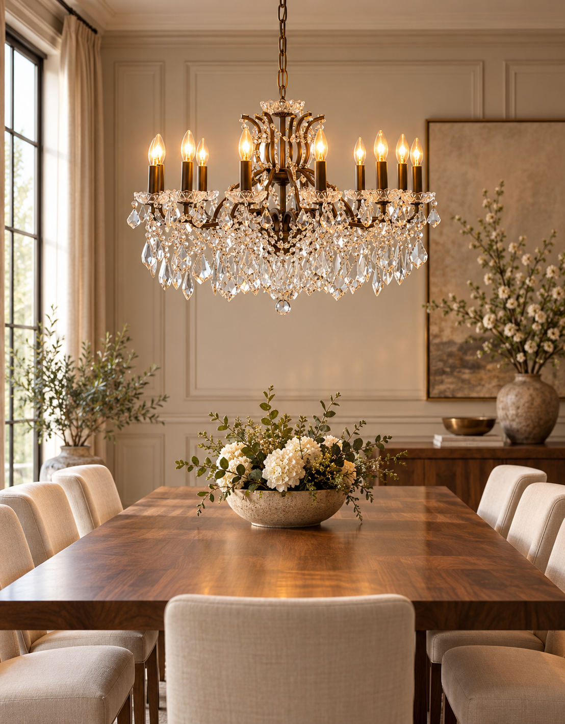 large antique brass chandelier with candle-style lights and cascading clear crystal droplets