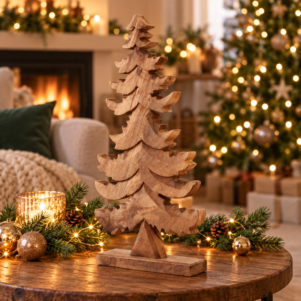 Natural wood Christmas tree decoration with sculpted branches and a rectangular base.