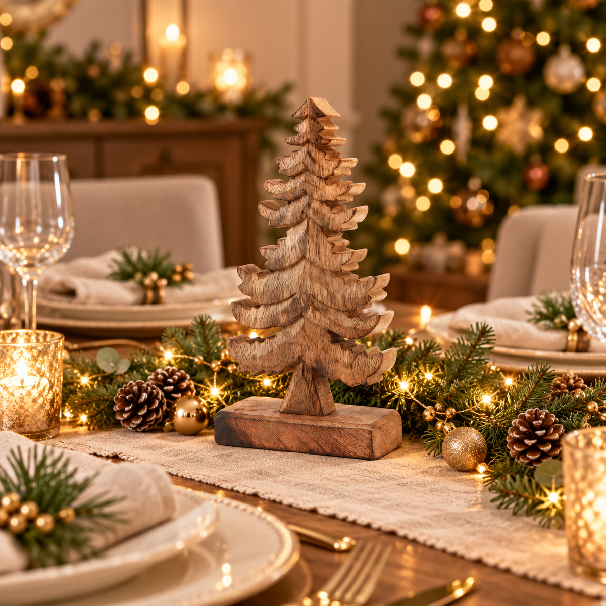 26cm natural wood Christmas tree decoration with sculpted branches and a rectangular wooden base.