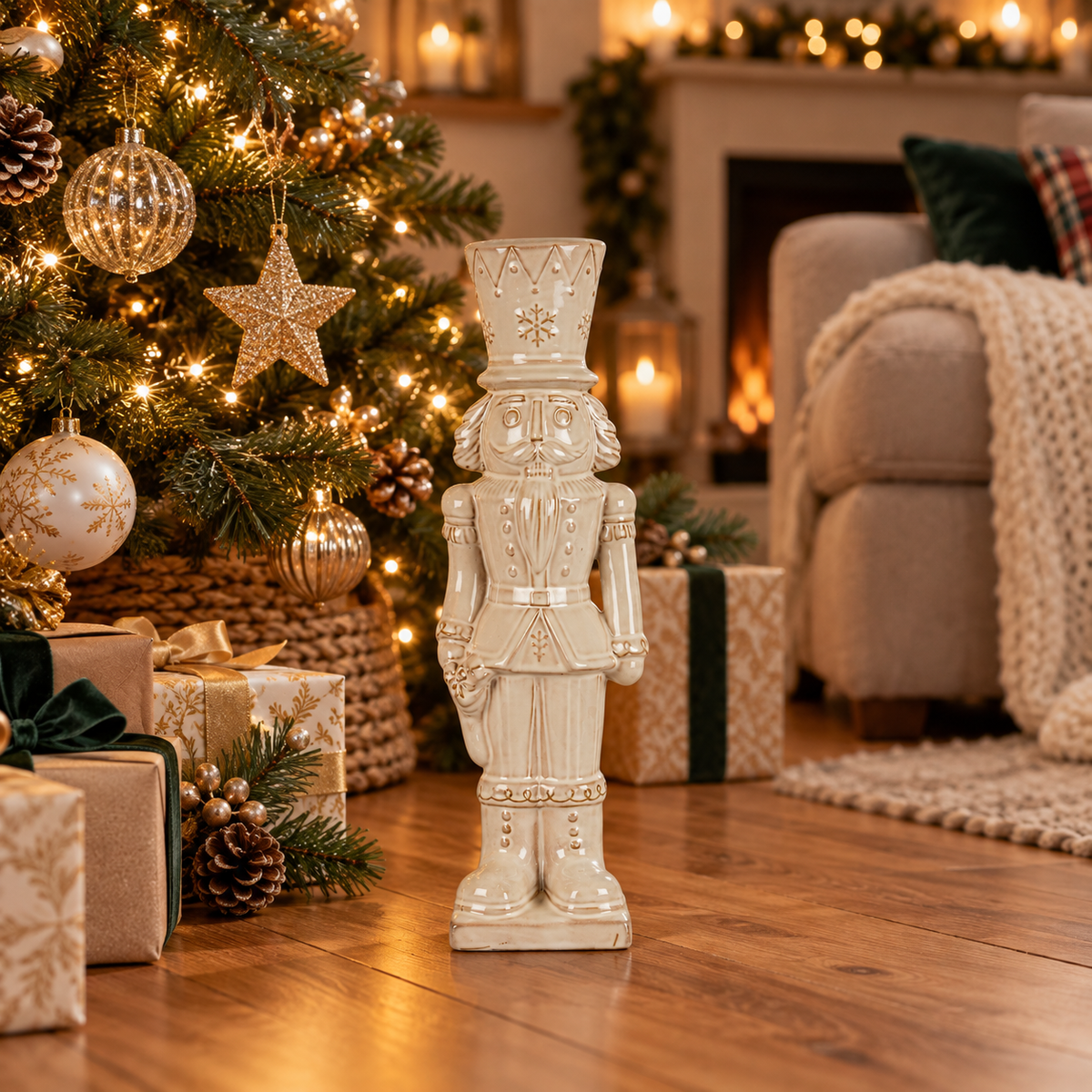 Ivory nutcracker Christmas decoration with gold-toned detailing beside a Christmas tree in a cosy family room.