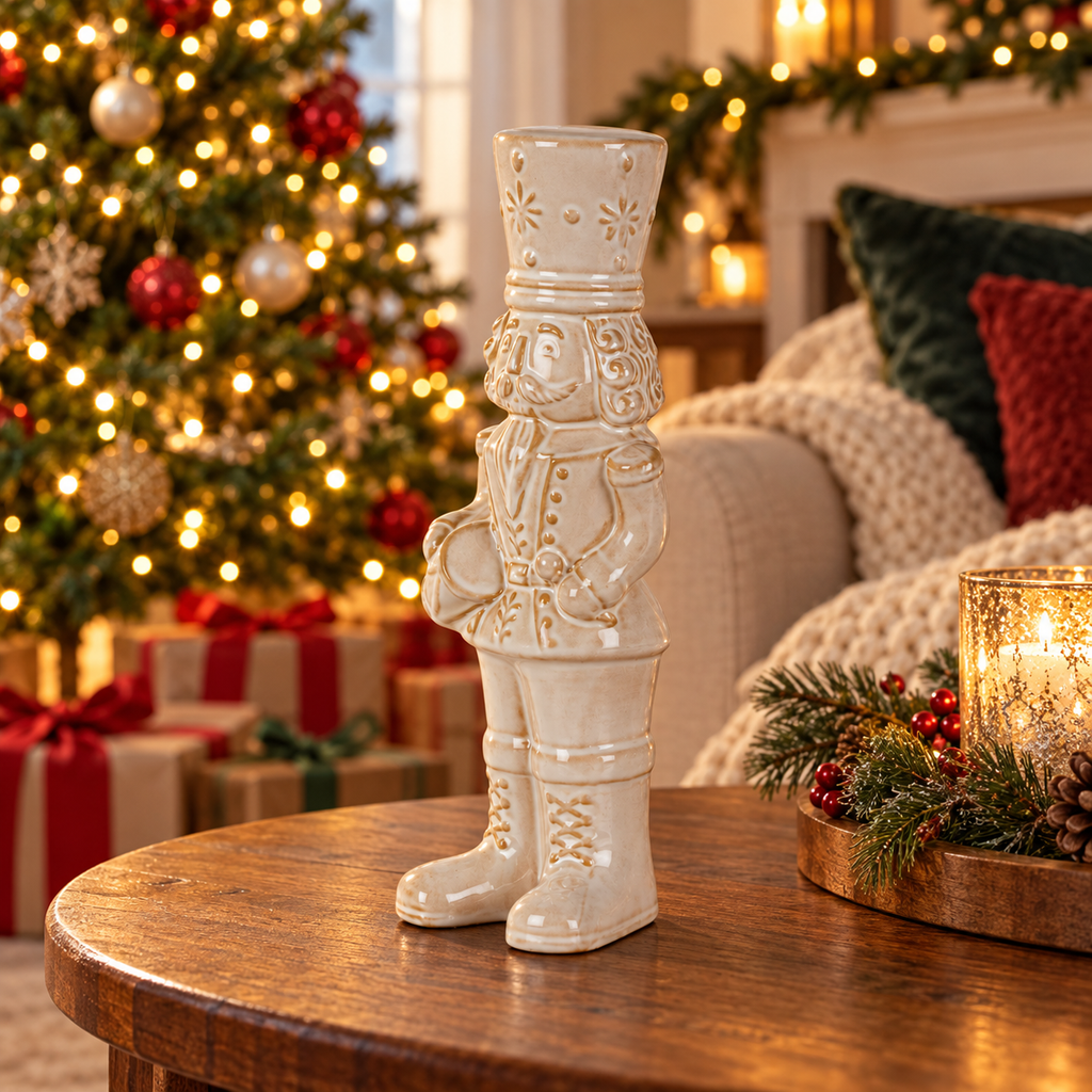 Ivory nutcracker drummer Christmas decoration on a wooden side table beside a decorated Christmas tree in a cosy family room.