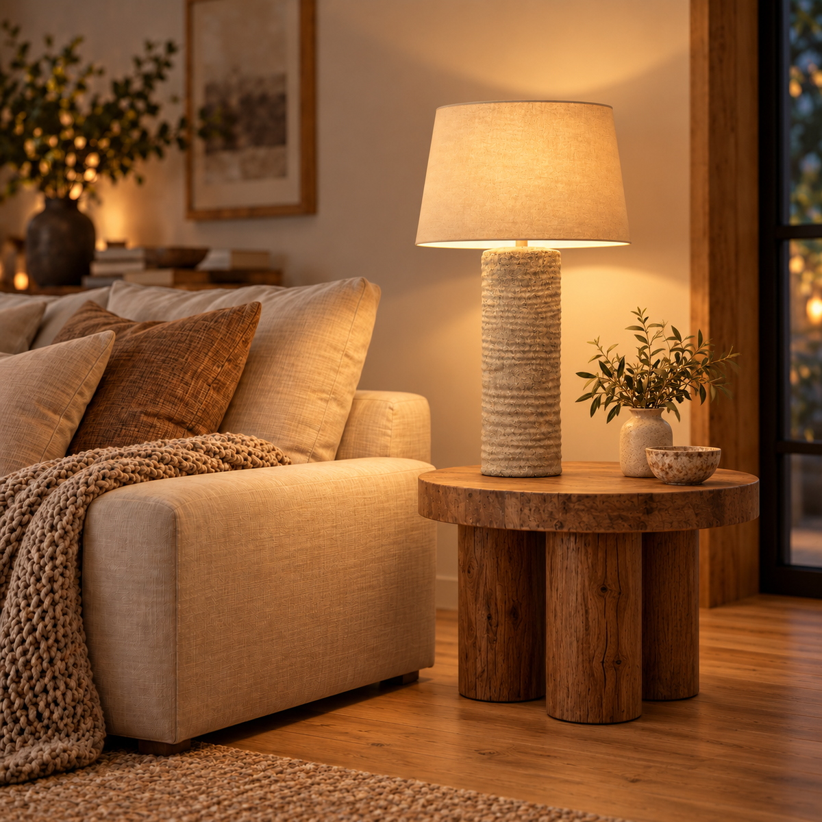 Tall stone effect table lamp with a textured cylindrical base and neutral shade on a wooden side table beside a sofa.