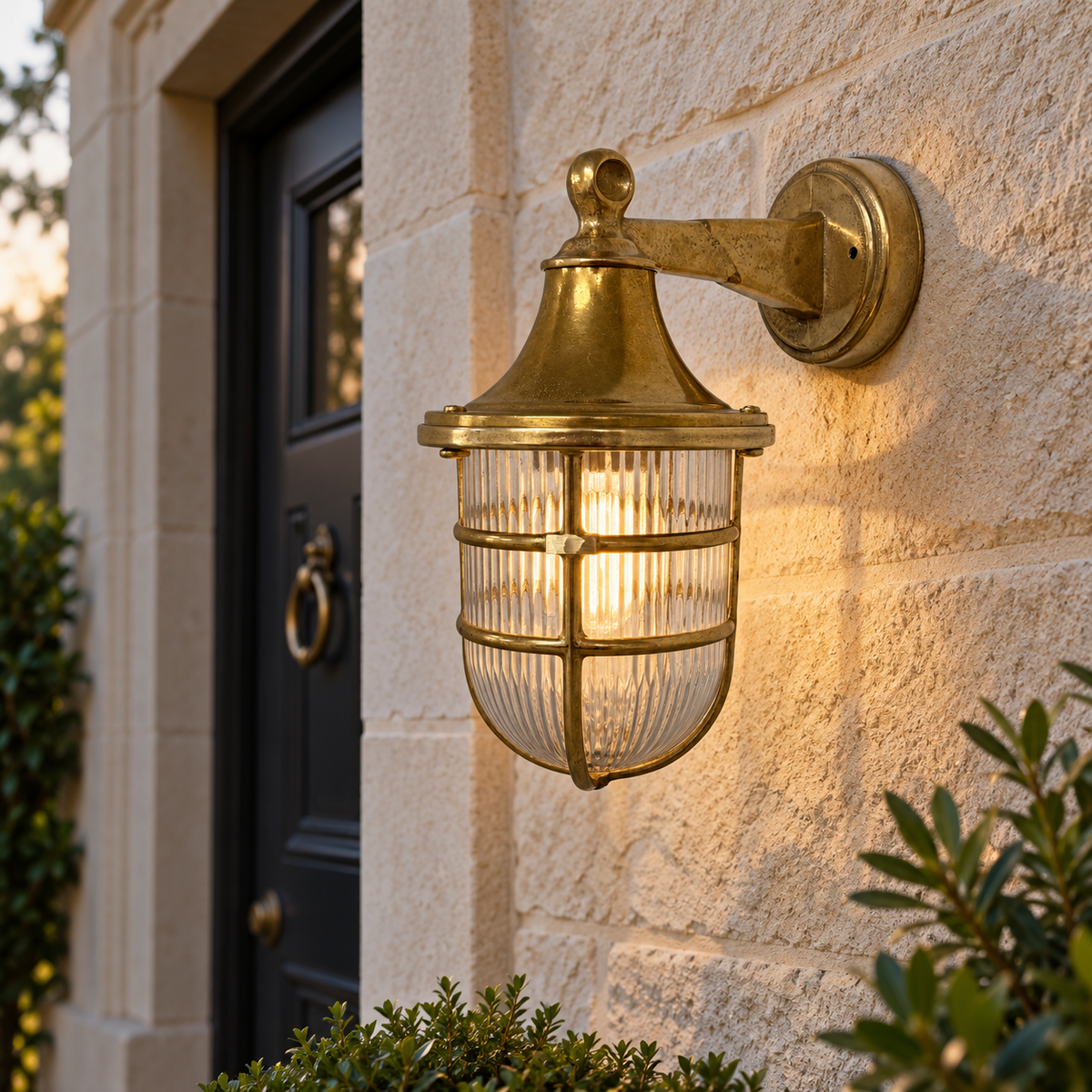Grand Tiller Wall Lantern with brass-toned cage and ribbed glass, mounted on a stone wall beside a dark front door.