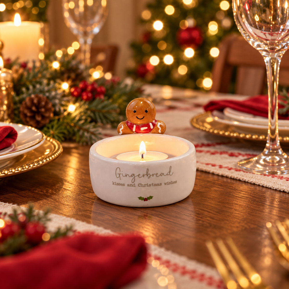 White Christmas tea light holder with a gingerbread character in a red scarf, holly detail and Gingerbread kisses and Christmas wishes lettering.