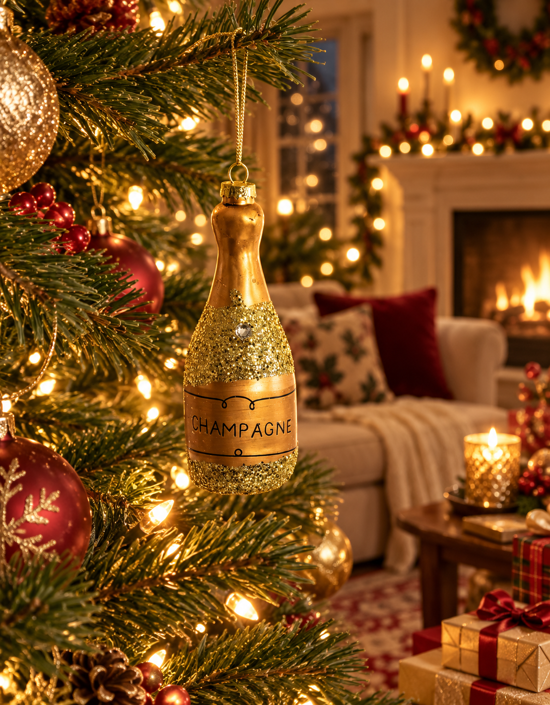 CHAMPAGNE BOTTLE DECORATIVE GLASS HANGING ORNAMENT