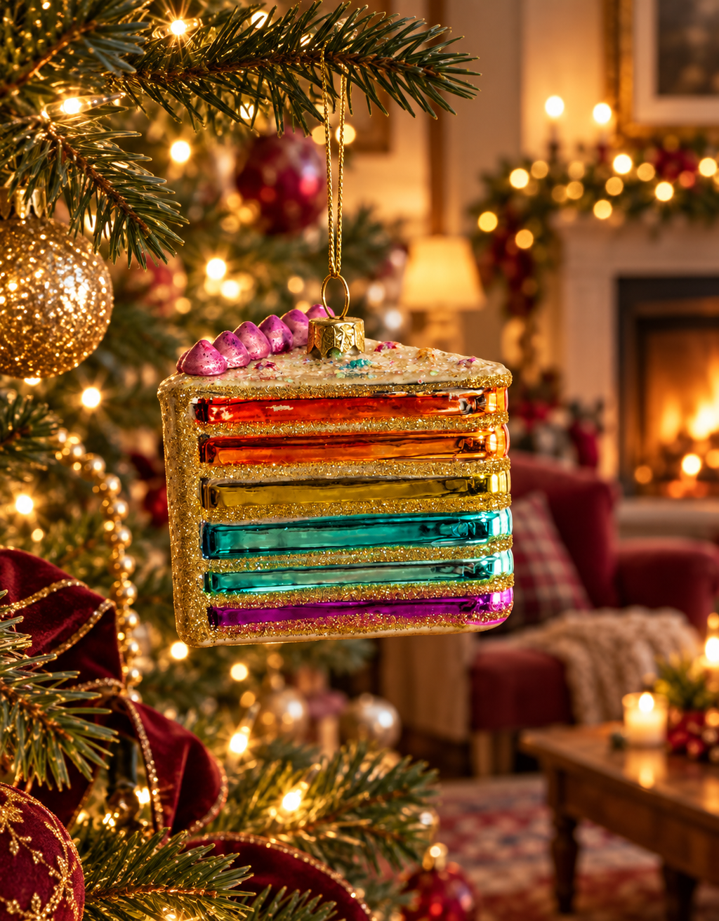 CAKE SLICE DECORATIVE GLASS HANGING ORNAMENT