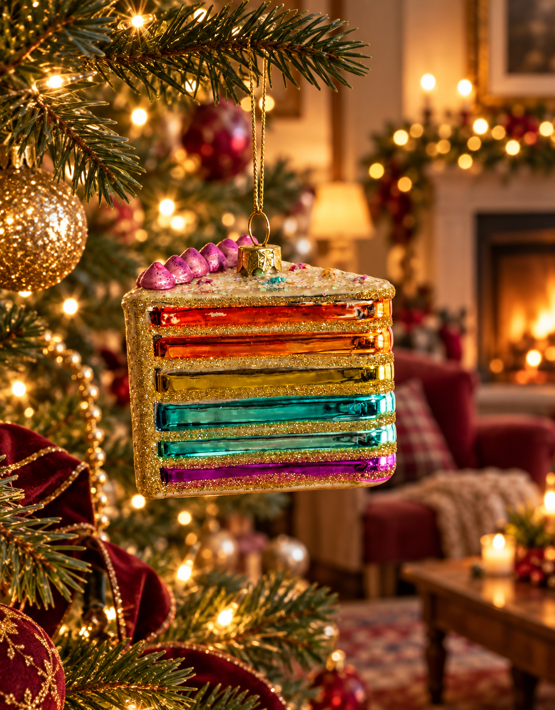 CAKE SLICE DECORATIVE GLASS HANGING ORNAMENT