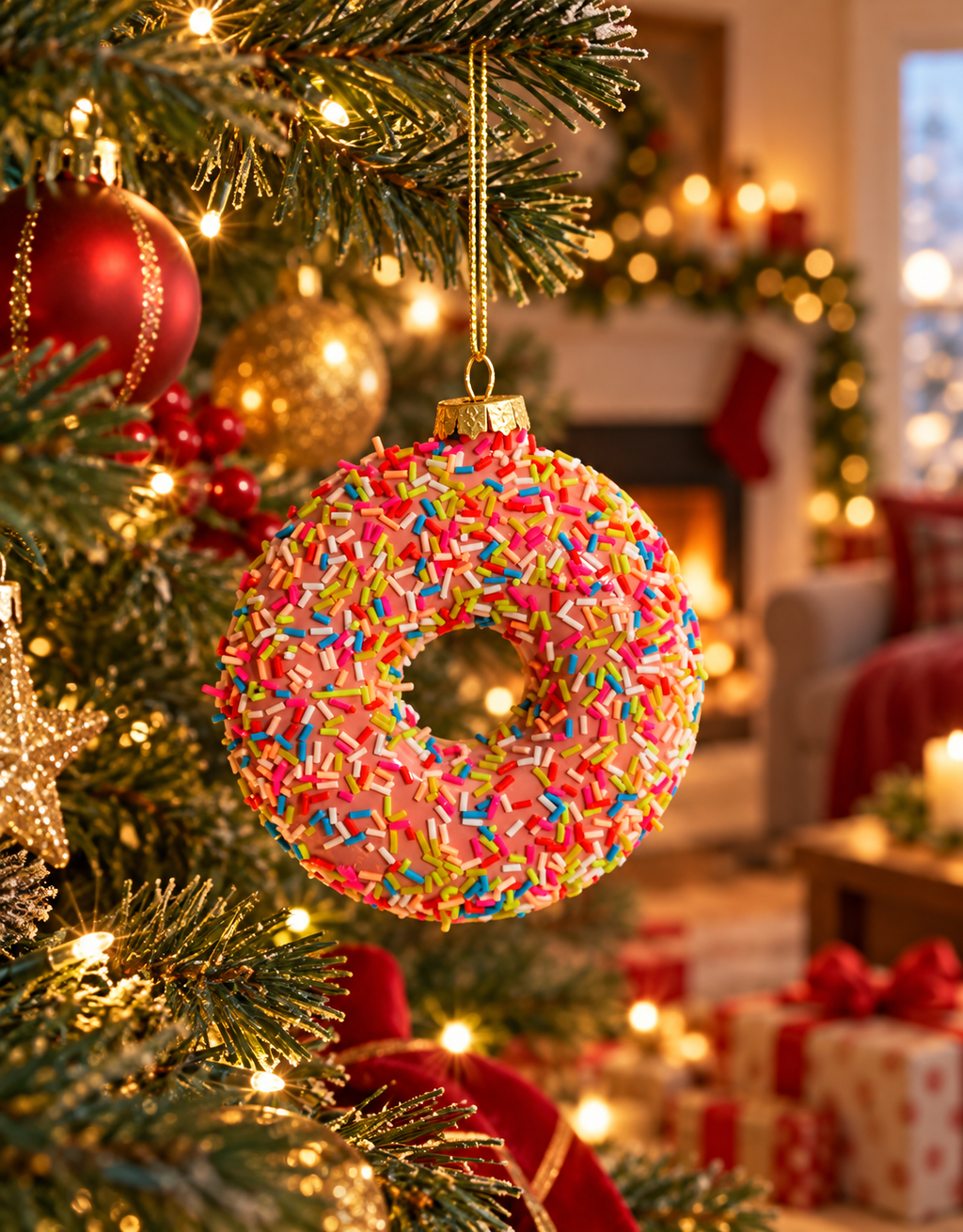 PINK DOUGHNUT DECORATIVE GLASS HANGING ORNAMENT