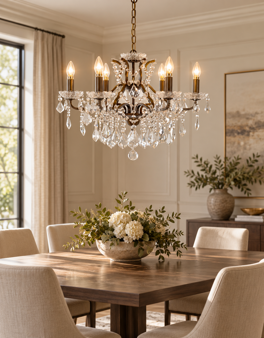 Antique brass chandelier with candle-style lights and clear crystal droplets above a modern dining table