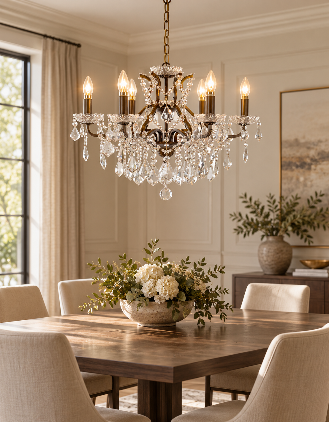 Antique brass chandelier with candle-style lights and clear crystal droplets above a modern dining table