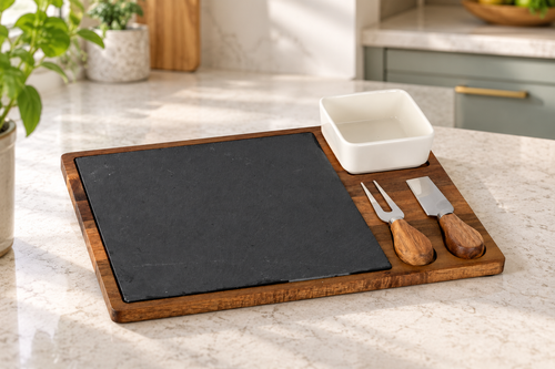 Acacia cheese board set with white ceramic bowl, slate serving section and stainless steel cheese cutlery.