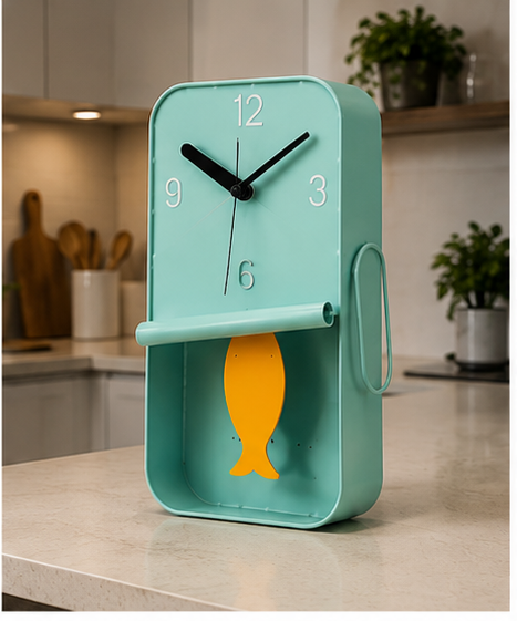 BLUE METAL SARDINE TIN PENDULUM WALL CLOCK