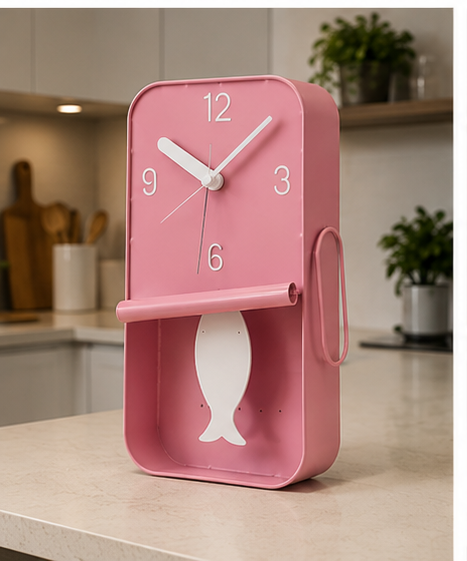 PINK METAL SARDINE TIN PENDULUM WALL CLOCK