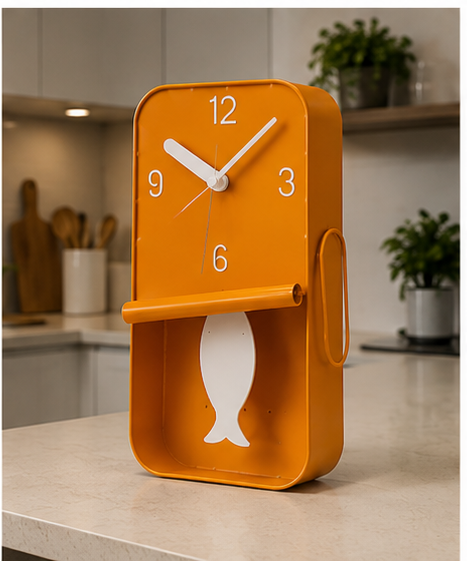 ORANGE METAL SARDINE TIN PENDULUM WALL CLOCK