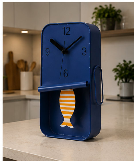 NAVY BLUE METAL SARDINE TIN PENDULUM WALL CLOCK
