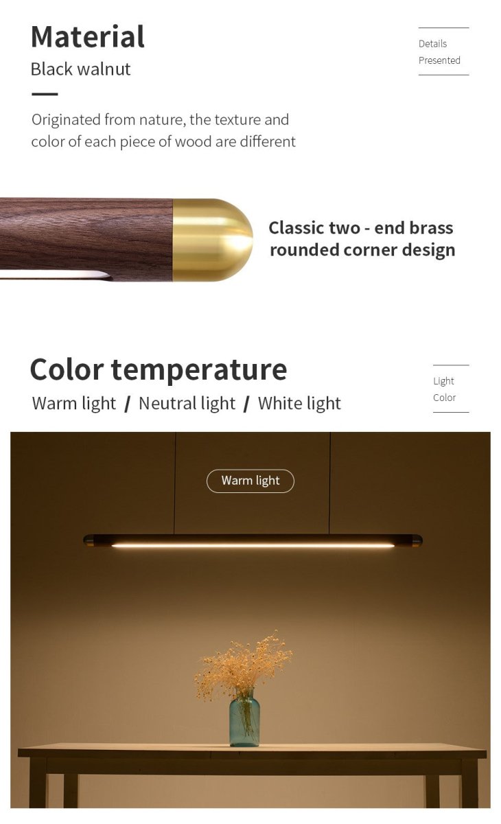 Contemporary Solid Wood and Brass Pendant Light