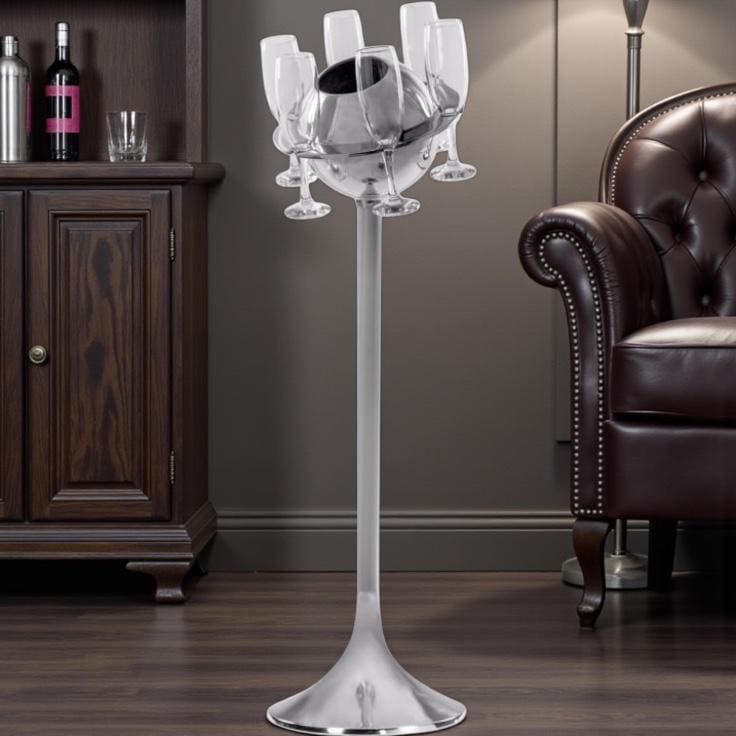 Polished Aluminium  Floor Standing Saturn Ice Bucket and Six Champagne Flutes