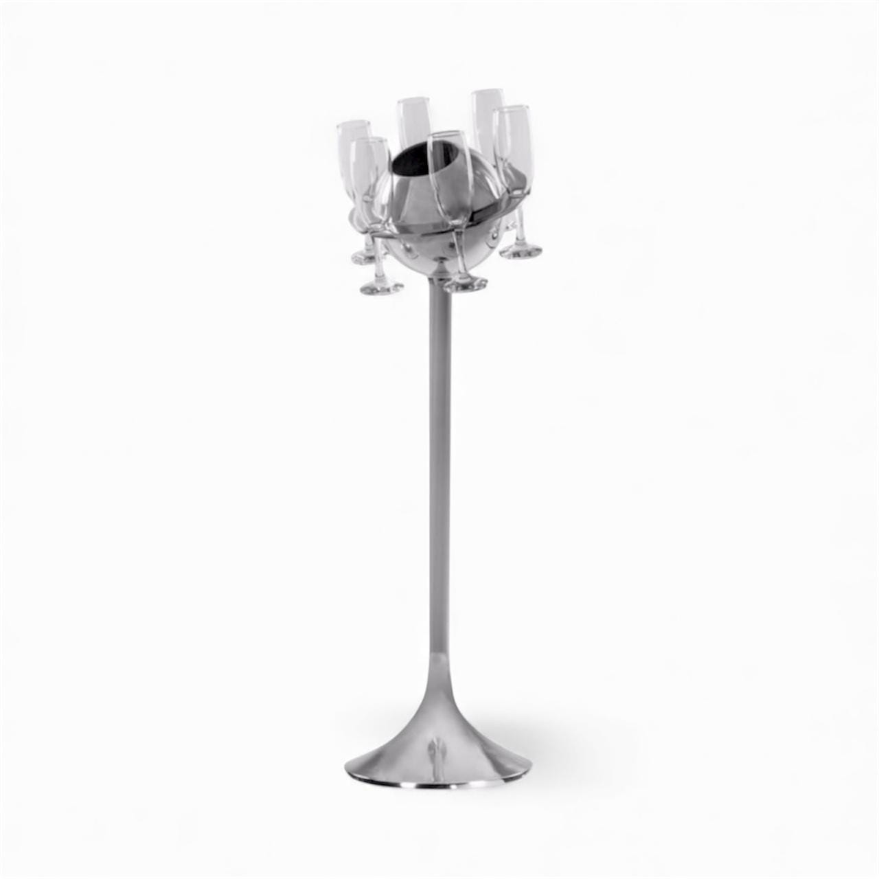 Polished Aluminium  Floor Standing Saturn Ice Bucket and Six Champagne Flutes